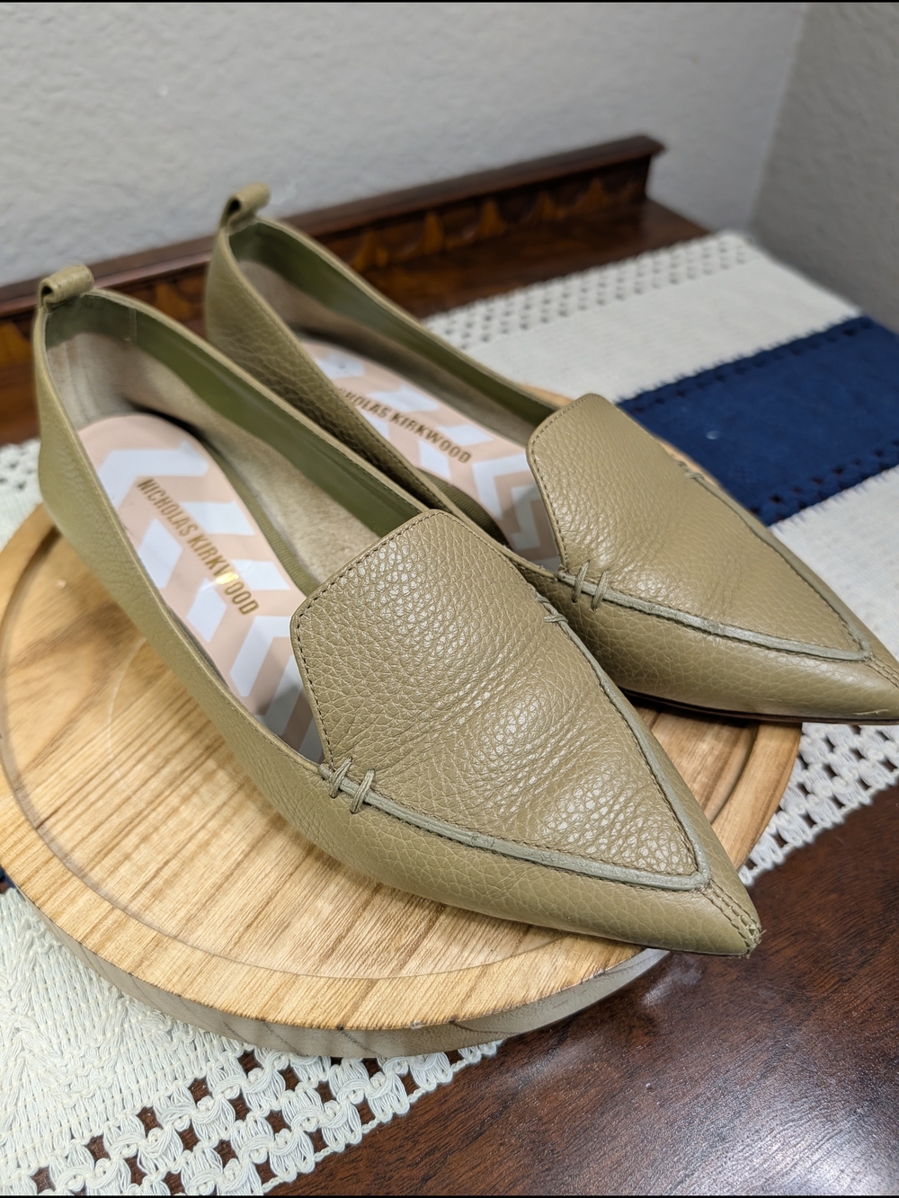 Leather Pointed Toe Slip-On Loafers in Light Olive Green And Gold Accented Heel